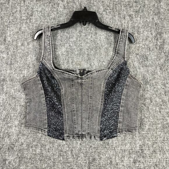 bebe Tops - Bebe Shirt Womens XL Gray Lace Insert Denim Bustier Stretch‎ Cropped Tank Top